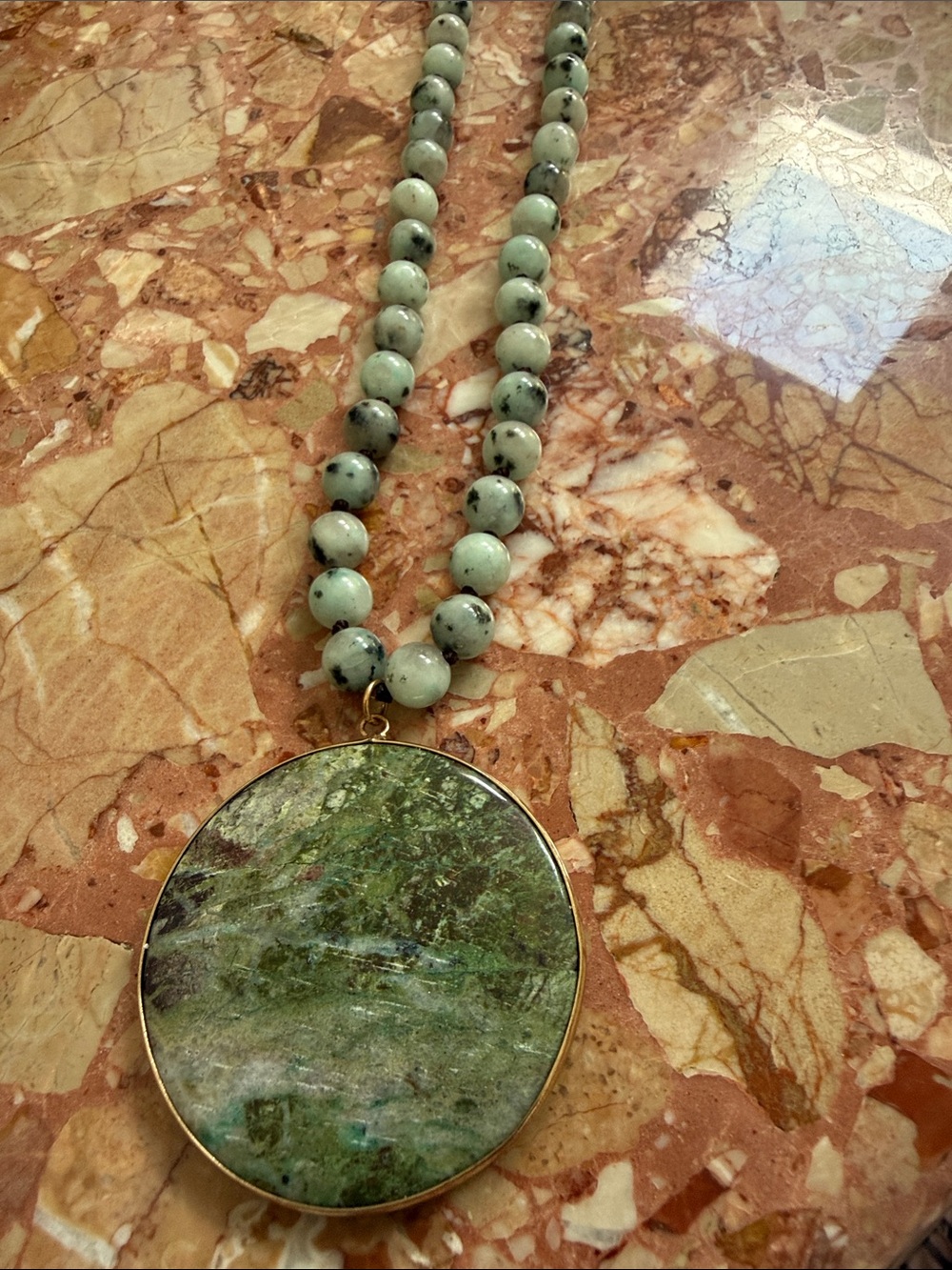 Green Bead Necklace with Round Green Stone Pendant - Unbranded